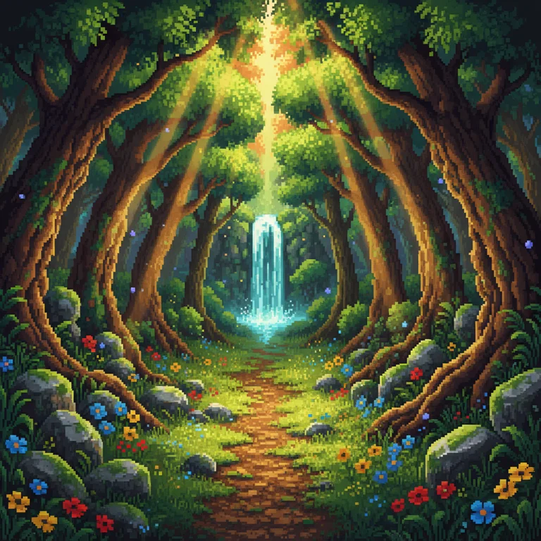 Cena de floresta em pixel art