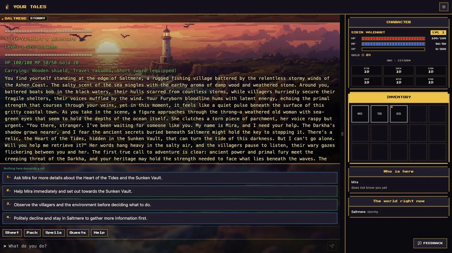 Tela do jogo: narrativa, escolhas e ficha do personagem