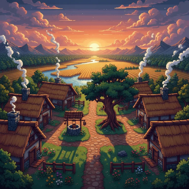 Cena de aldeia em pixel art